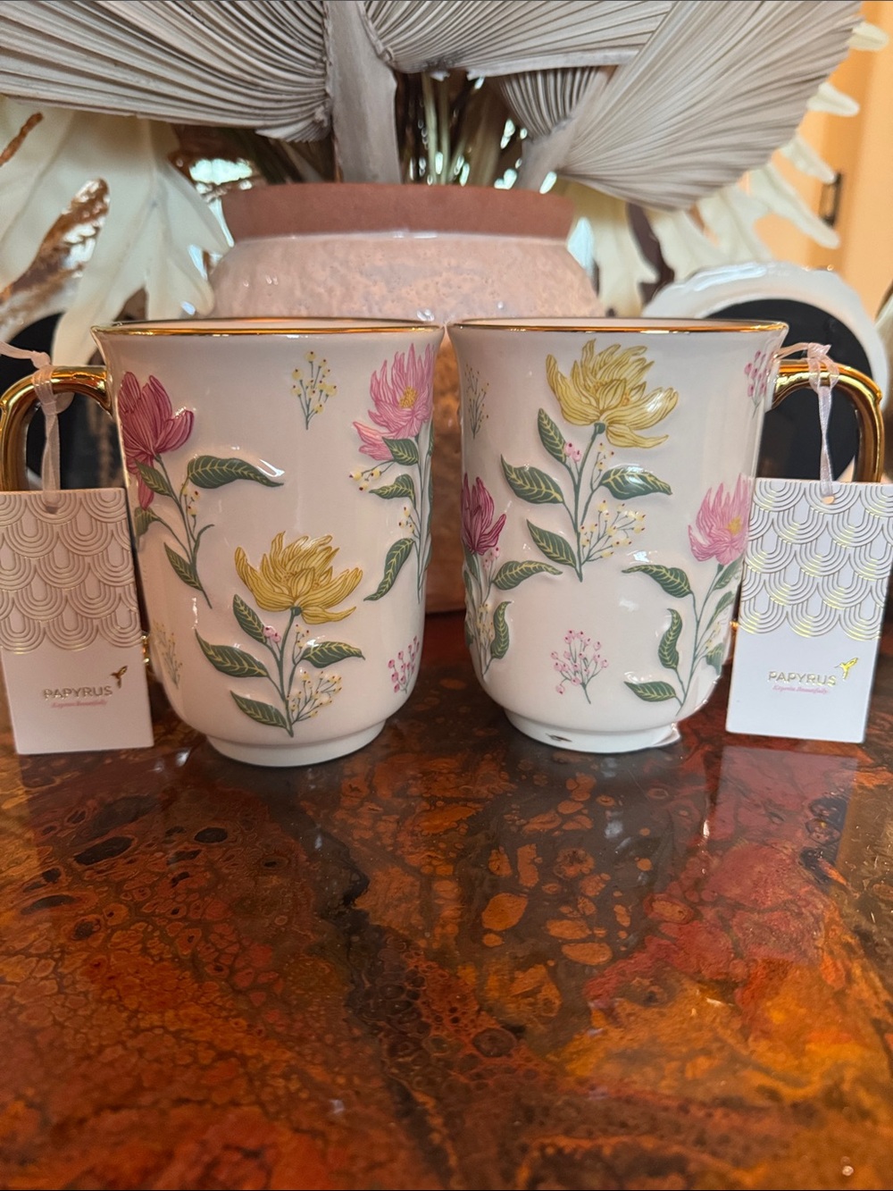 Papyrus (2) Floral Mugs with Gold Trim